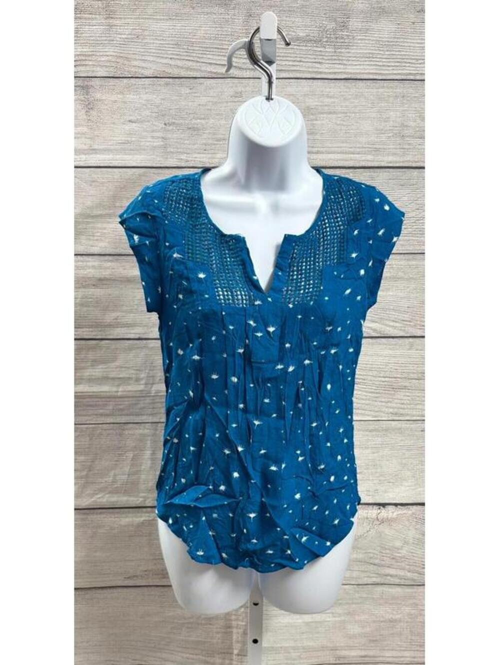 Daniel Rainn Blue White Knit Cap Sleeve Blouse Women Size Petite XS